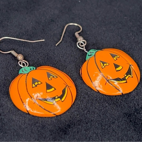Vintage 90’s Halloween Earrings Jackolantern Wooden Painted Orange Goth Fun - Picture 8 of 10